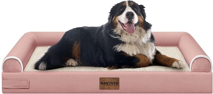 NANUYA Orthopedic Dog Bed for Jumbo Dogs, 53 x 42 Inch, Pink | Egg crate foam for joint support, 3-sided bolster pet sofa, waterproof lining, washable cover, and non-skid base