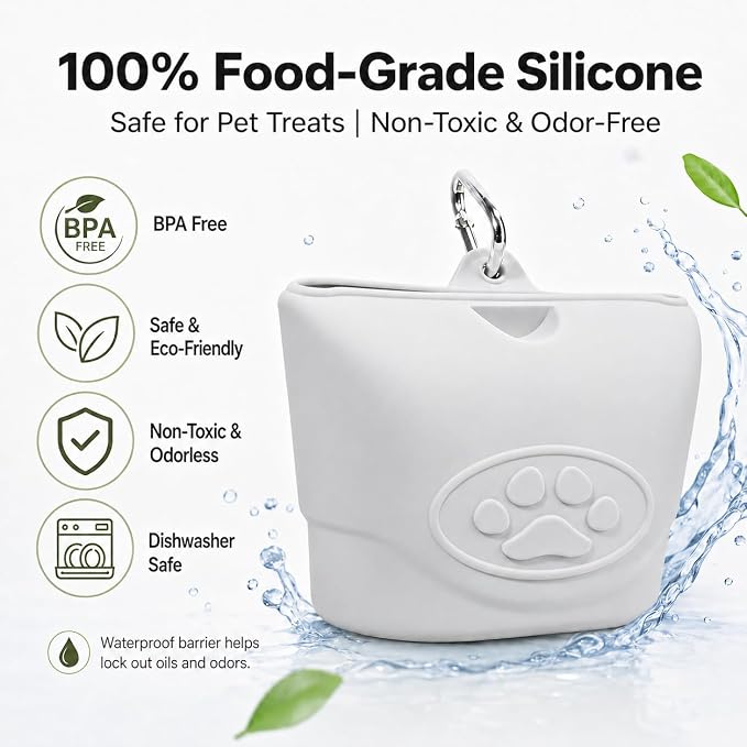 Upgraded Dog Treat Pouch with Strong Magnetic Closure - Small Silicone Training Bag, Waist-Mounted Clip & Leash Carabiner, Airtight Portable Treat Bag (Light Gray)