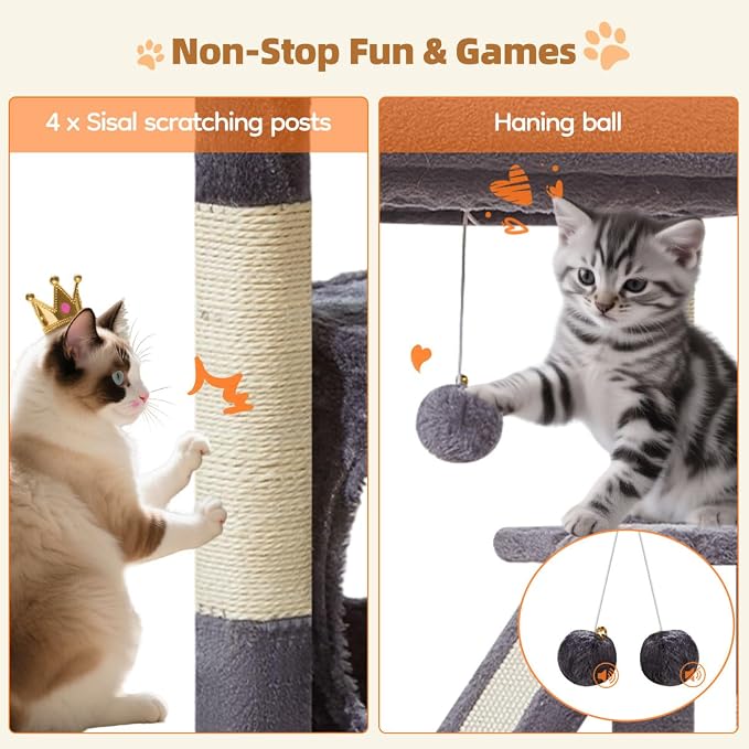 Taoqimiao Cat Tree, 38.5In Cat Tower for Indoor Cats, Suitable for Kittens | Thick Padded Top Perch, Luxurious Cat Condo, Adjustable Basket, 1-Piece Ramp Scratcher, 3 Sisal Posts, Smoky Gray, MS029SG
