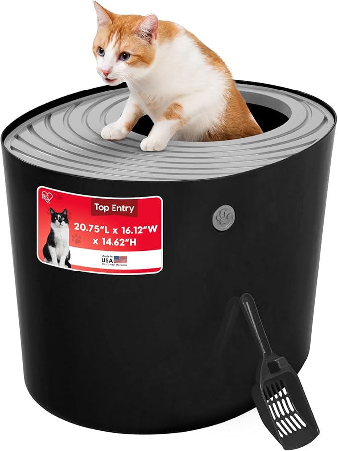 IRIS USA Cat Litter Box, Large Top Entry with Litter Catching Lid and Scoop, Dog Proof, Cat Box Enclosure, Black/Gray