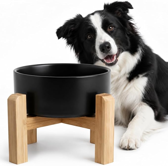 hjn Elevated Ceramic Dog Bowl with Bamboo Stand, Raised Pet Feeding Station for Small Medium Dogs Cats, Modern Design with Anti-Slip Base (Black, 7.6Cup)