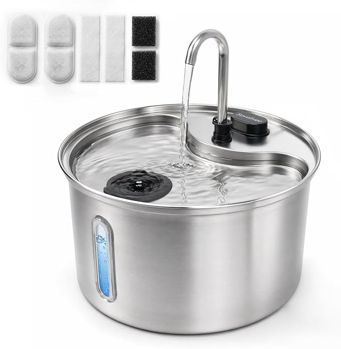 Cat Water Fountain, 118oz/3.5L Stainless Steel Cat Fountain with Ultra-Quiet Pump, LED Water Level Window, Automatic Cat Water Dispenser, 6-Layer Filtration Includes 2 Replacement Filters