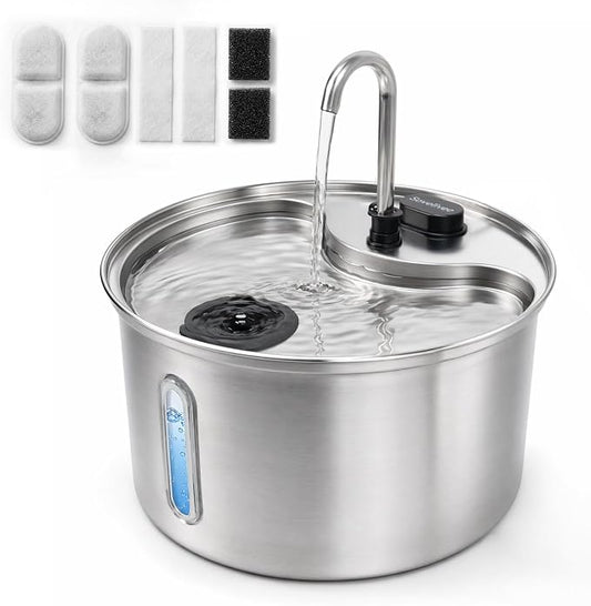 Cat Water Fountain, 118oz/3.5L Stainless Steel Cat Fountain with Ultra-Quiet Pump, LED Water Level Window, Automatic Cat Water Dispenser, 6-Layer Filtration Includes 2 Replacement Filters
