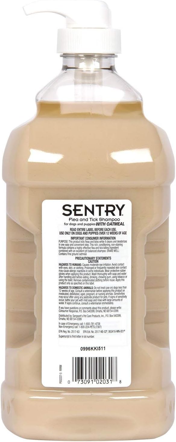 SENTRY Oatmeal Flea and Tick Shampoo for Dogs, Rid Your Dog of Fleas, Ticks, and Other Pests, Hawaii Ginger Scent, 63.5 oz | Ideal for Dogs with Sensitive Skin; Kills Fleas & Ticks for 10 Days; for dogs 12 weeks+; Family-Size 64 oz Bottle