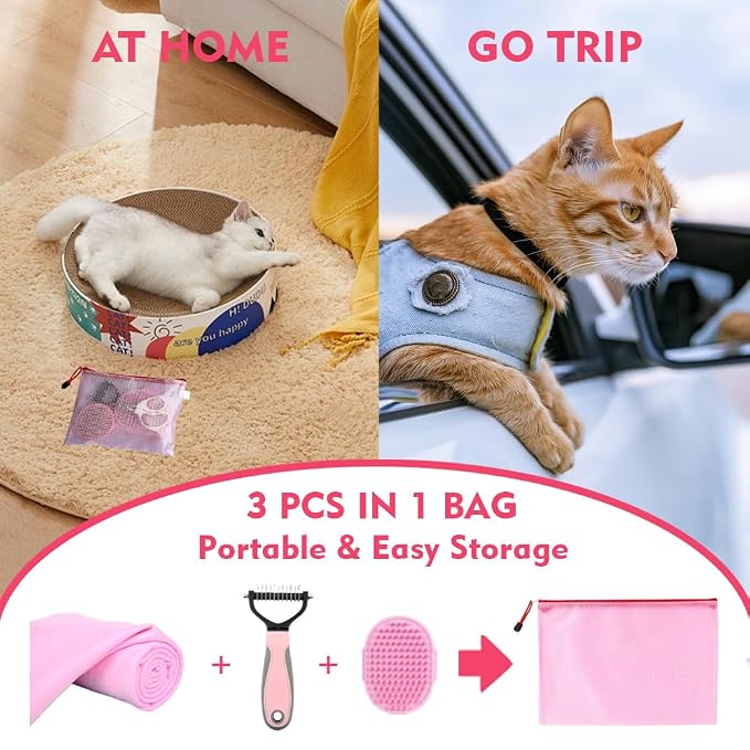 Cat Brush Towel 3pcs Grooming Kit - Bath Brush for Long-Haired Cats, Cat Brush for Indoor Cats with Flea Comb, Pink