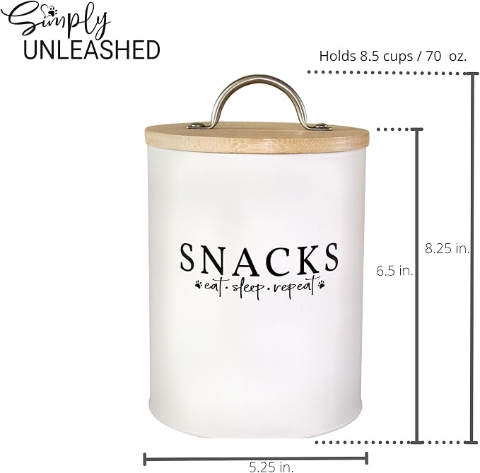 White Dog and Cat Treat Container with Easy to Open Bamboo Lid, 8.5 cups/ 70 fl oz.