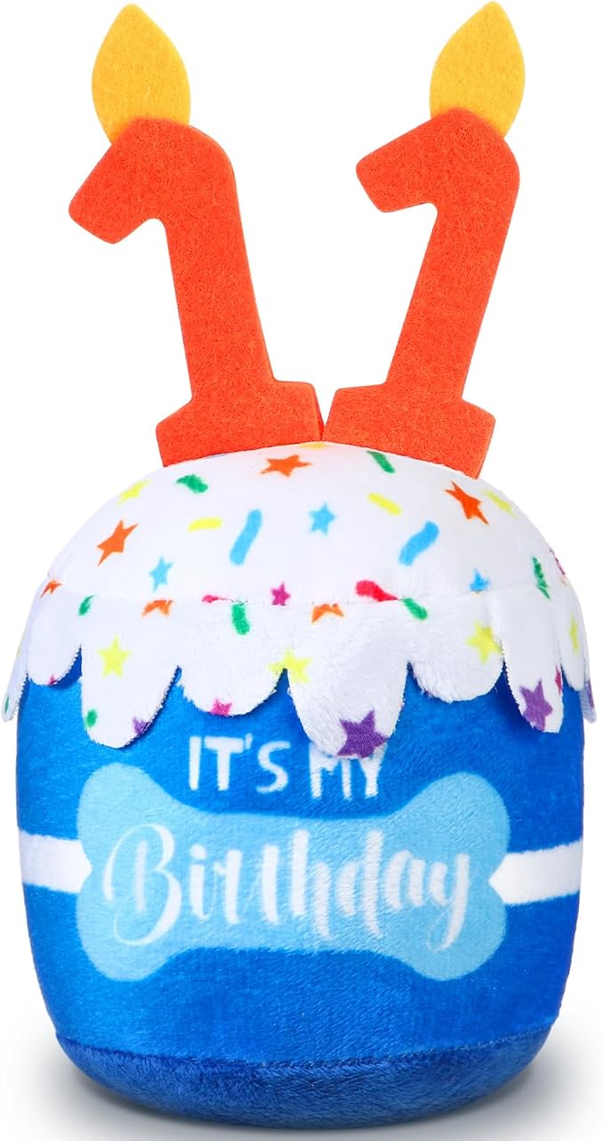 Dansydaisy Dog Birthday Cake Toy Squeaky Plush Toy for Girl Boy Gifts, Chew Accessories for Dog Birthday Party Decor Favor for Large, Medium and Small Dogs(11th,Blue)