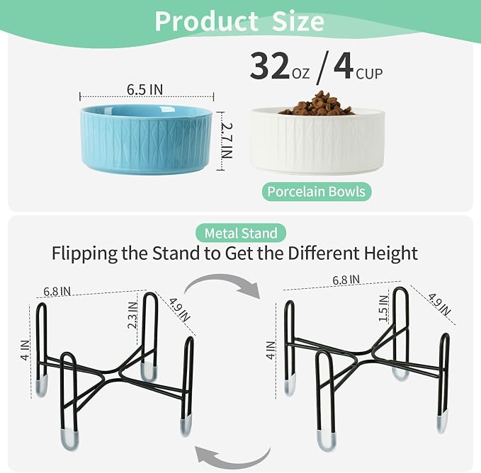 32 OZ Ceramic Dog Bowls with Metal Stand, 6.5 Inch Elevated Cat Bowl Set | Raised Pet Food Water Dish, 2 Heights, for Cats & Dogs, Prevent Neck Fatigue, Light Green