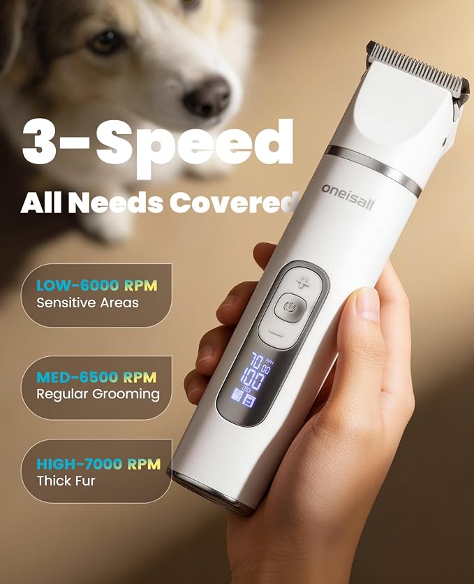 oneisall 4 in 1 Dog Grooming Kit with LCD Display (White) | Paw Hair Trimmer & Nail Grinder, Rechargeable, Cordless, Low Noise, IPX7 Waterproof, 3 Speeds Pet Grooming Clippers