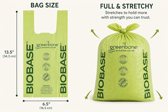 Greenbone Poop Bags for Dogs with Handles Unscented with Bonus Rope Pet Toy, 200 Count on Single Roll, Plant Based