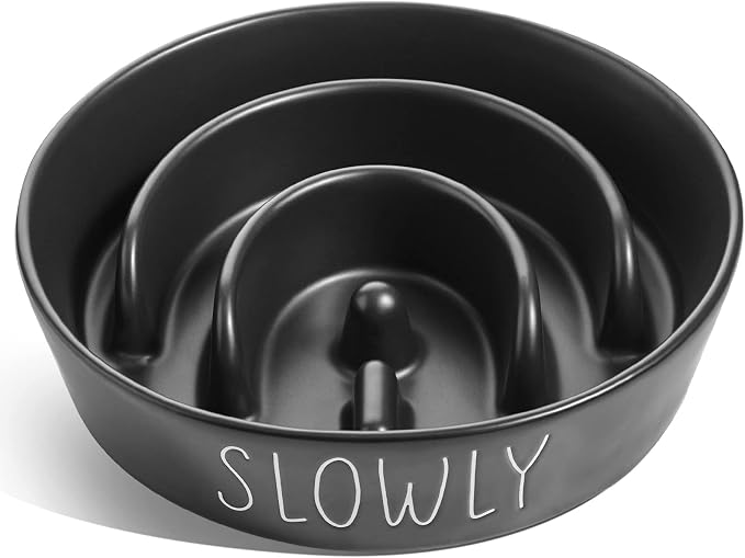 LE TAUCI PET Ceramic Slow Feeder Dog Bowl - 1.5 Cups Puzzle Feeder for Small & Medium Breeds, Maze Design Pet Dish for Puppy & Fast Eaters, Black Non-Slip Bowl to Control Eating Speed