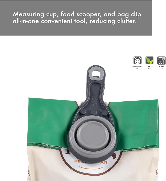 Dexas Popware for Pets Collapsible Klip Scoop, 3-in-1 Pet Food Scoop, Measuring Cup and Bag Clip, 1/2 Cup Capacity, Light Gray