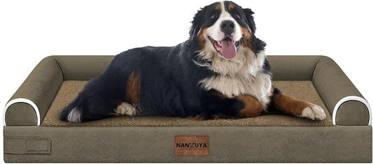 NANUYA Orthopedic Dog Bed for Jumbo Dogs, 53 x 42 Inch, Brown | Egg crate foam for joint support, 3-sided bolster pet sofa, waterproof lining, washable cover, and non-skid base