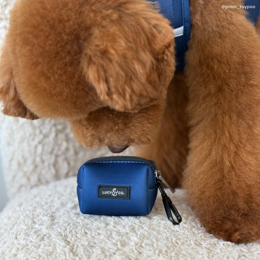 Lucy & Co. Navy Dog Poop Bag Holder and Dispenser, Clips to Leash, Water-Repellent Neoprene, Includes Refill Roll