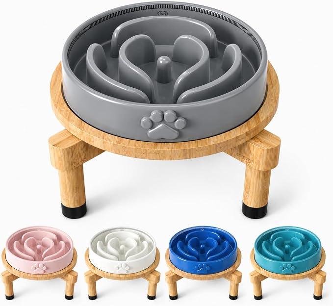 Slow Feeder Dog Bowls – Elevated Dog Bowl Slow Feeder with Bamboo Stand– Microwaveable Dog Slow Feeder for Small and Medium Dogs – Lead and BPA-Free Ceramic Pet Bowl – Pet Feeder for Fast Eaters