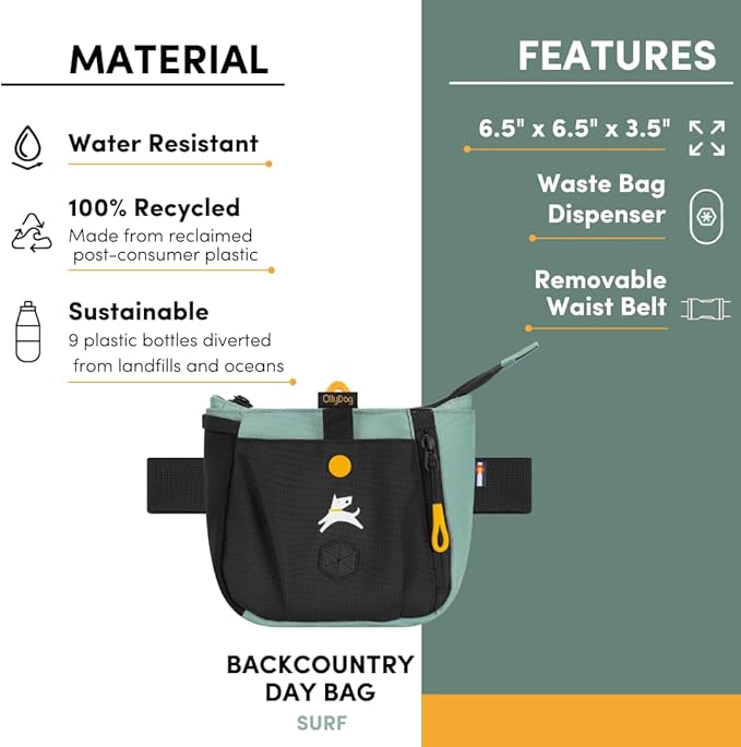 Backcountry Day Bag | Dog Training Treat Pouch | Eco-Friendly Recycled Fabric Fanny Pack with Zipper Closure, Built-in Poop Bag Dispenser & Adjustable Waist Belt (Surf)