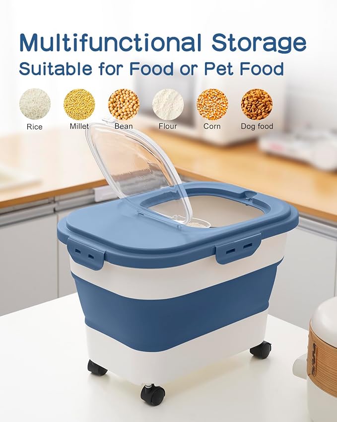 20-30 Lbs Rice Storage Container,Collapsible Food Storage Container | Flour Storage Container with Wheels Airtight Locking Lid,Rice Container Double Seal,Keep Fresh for Pet Food,Rice,Flour