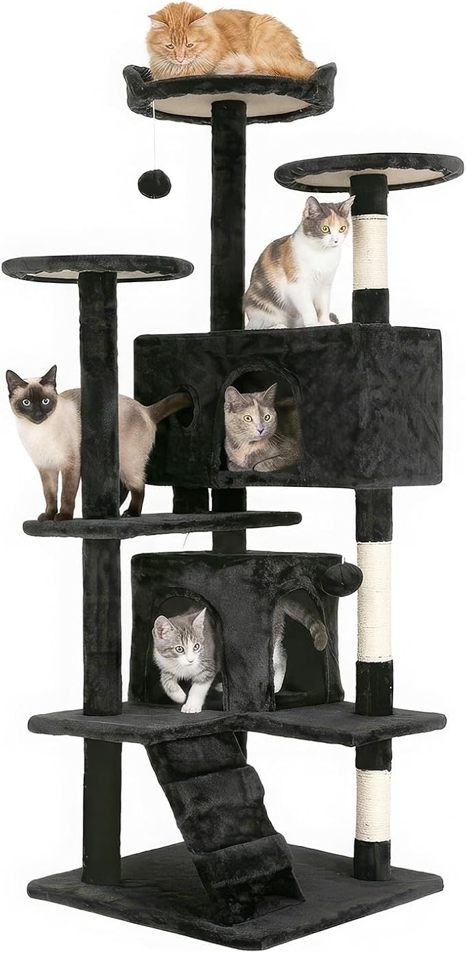 FDW | 54" Cat Tree Tower | Dark Gray | Multi-Level Indoor Activity Center | with Sisal Scratching Posts, Condos, Plush Perches, Hanging Cat Toys | Sturdy, Easy to Assemble | for Kittens & Adult Cats