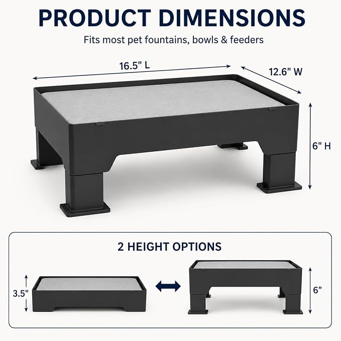 Raised Dog Fountain Stand with Absorbent Diatomite Mat, Adjustable 3.5" & 6" Dog Water Bowl Stand, Helps Keep Floors Dry, Elevated Pet Fountain Base for Dog Fountains, Feeders & Bowls(Stand Only)