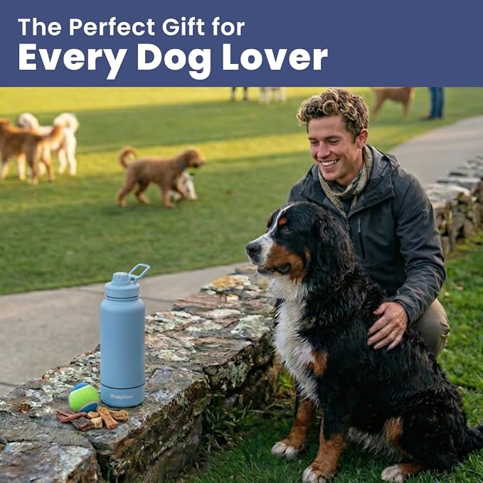 Dog Water Bottle for Dog Lovers - 32 oz Stainless Steel Double Wall Insulated Water Bottle with 8 oz Detachable Bowl on Bottom for Doggy Lovers for Hiking, Walks, Travel - Dusty Blue
