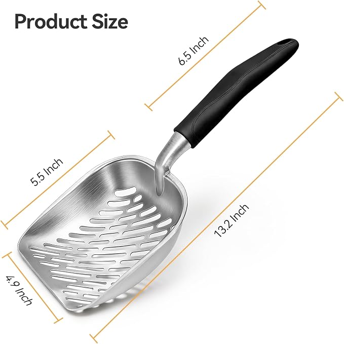 Cat Litter Scoop, Large Long Handle Kitty Metal Scooper, Heavy Duty Aluminum Deep Sifter, Ergonomic Non-Slip Grip, Rustproof Durable Poop Cleaner for Cat Litter Box
