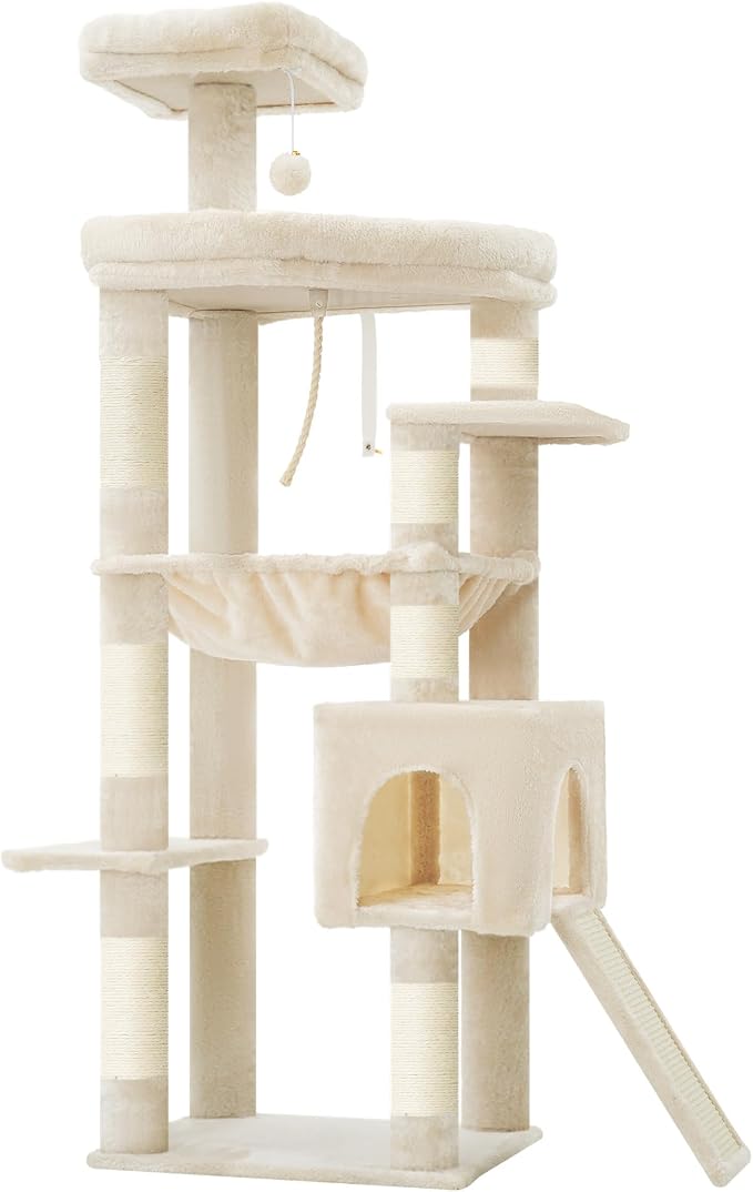 Heybly 64.2" Heavy-Duty Cat Tree for Large Cats with Wide Base HCT027M | Indoor Cat Tower with Scratching Posts & Board, Cat Furniture with Big Platforms, Extra-Large Hammock, Beige