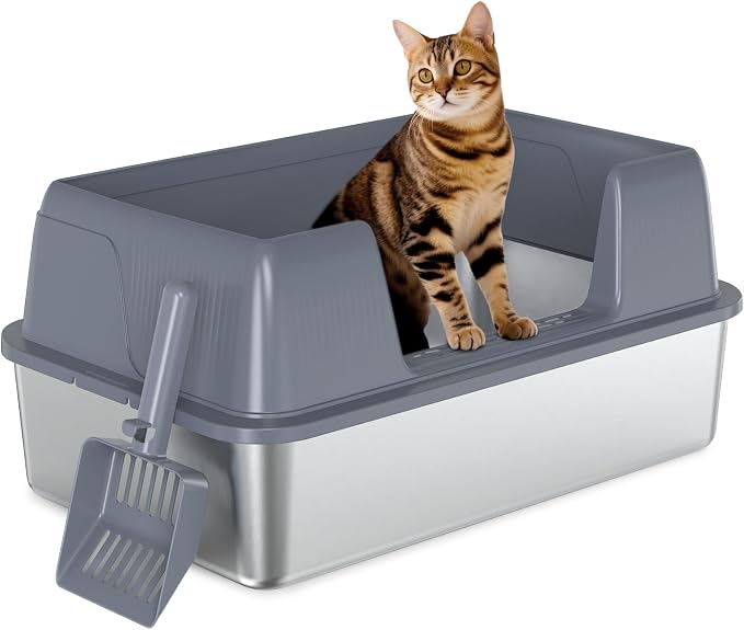 Vivifying Stainless Steel Cat Litter Box, XL Extra Large Semi-Enclosed Metal Pan with Side Entry, Scoop Included, Open Top Potty for Indoor Big Cats & Kitty, Easy to Clean & Odor Resistant (Gray)