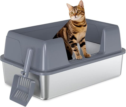 Vivifying Stainless Steel Cat Litter Box, XL Extra Large Semi-Enclosed Metal Pan with Side Entry, Scoop Included, Open Top Potty for Indoor Big Cats & Kitty, Easy to Clean & Odor Resistant (Gray)