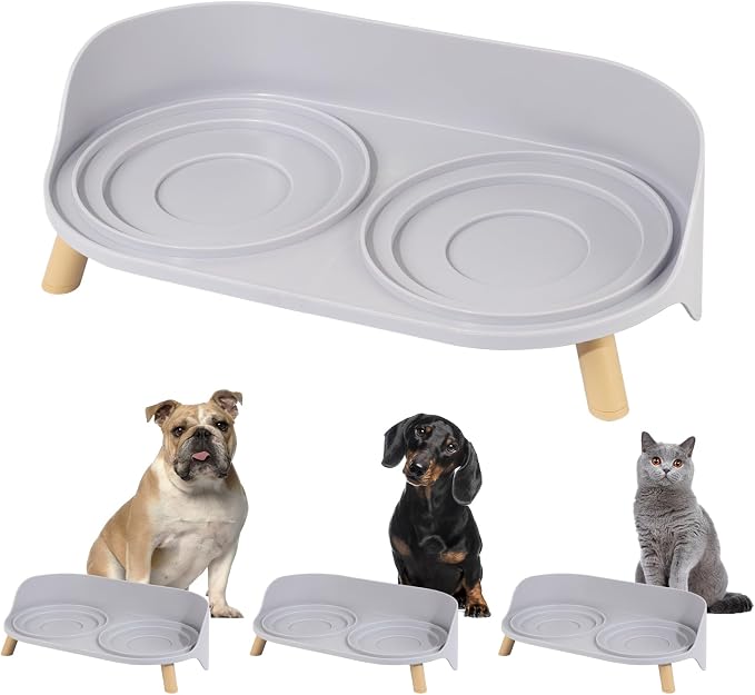 Raised Dog Feeder Bowl Stand (Without Bowls), Fits Dish up to Φ 6" | Spill Proof Elevated Dog Food Stand, Double 3 Diameters Pet Food Holder for Small and Medium Breeds and Cats, Grey