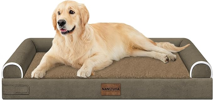 NANUYA Orthopedic Dog Bed for Large Dogs, 36 x 27 Inch, Brown | Egg crate foam for joint support, 3-sided bolster pet sofa, waterproof lining, washable cover, and non-skid base