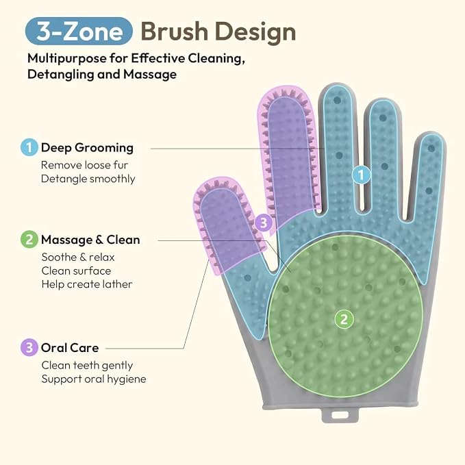 Pet Grooming Gloves for Cats & Dogs, Silicone Pet Hair Removal Glove for Bathing, Shedding & Massage, Gentle Cat & Dog Grooming Glove for Long & Short Hair Pets（Grey-Large）
