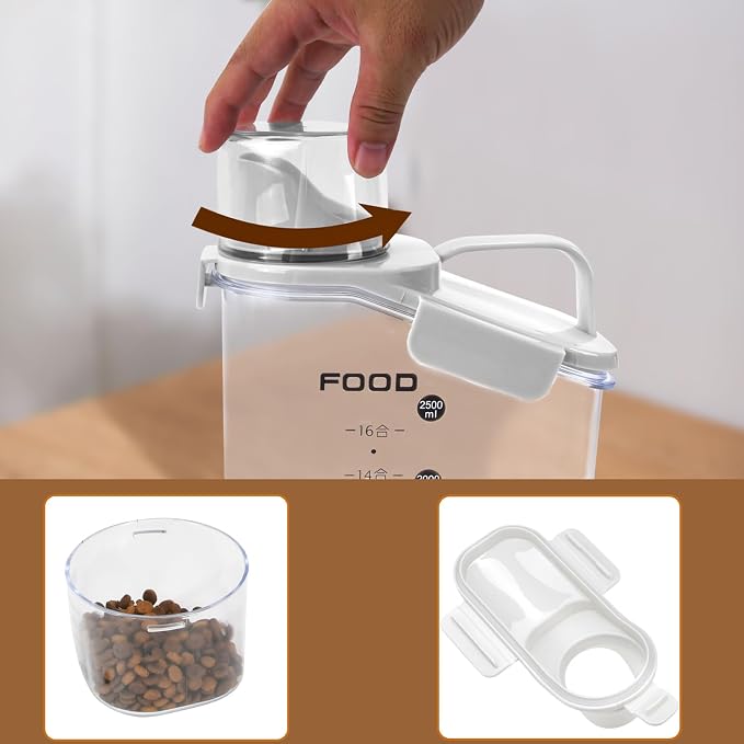 Pet Food Storage Container with Large Pour Spout, White | Dog Food Container with Measuring Cups, Keep Food Fresh, Portable Cat Food Container for Dogs, Cats, Birds and Small Animals