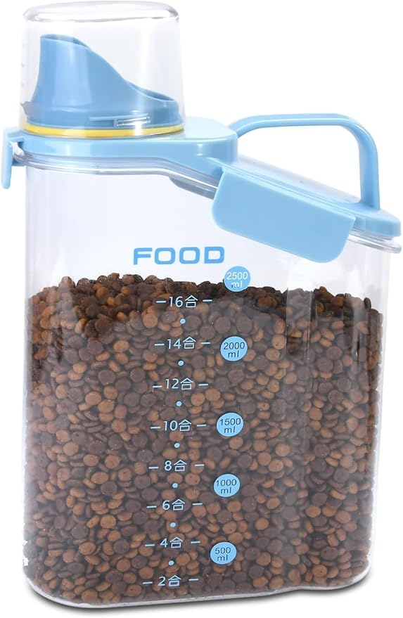 Dog Food Storage Container with Large Pour Spout, Blue | Pet Food Container with Measuring Cups, Keep Food Fresh, Portable Cat Food Container for Dogs, Cats, Birds