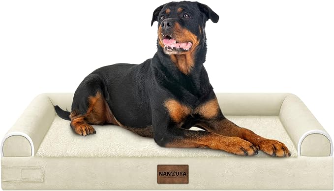 NANUYA Orthopedic Dog Bed for XX-Large Dogs, 44 x 34 Inch, Beige | Egg crate foam for joint support, 3-sided bolster pet sofa, waterproof lining, washable cover, and non-skid base
