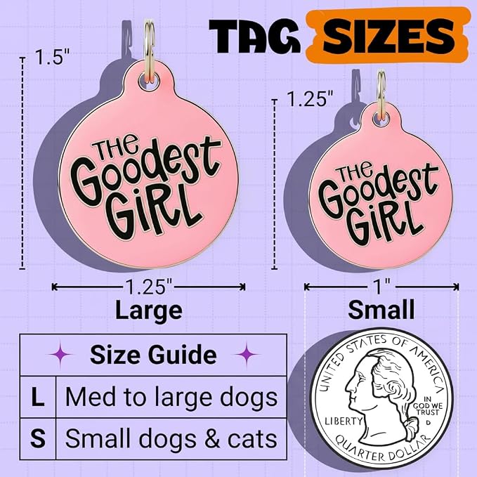 Bad Tags Personalized Dog and Cat ID Tags in 25+ Designs and 2 Sizes - 5 Lines of Custom Engraved Text - Funny Cute Personalized Pet Tags (The Goodest Girl, Large (1.25 inch))