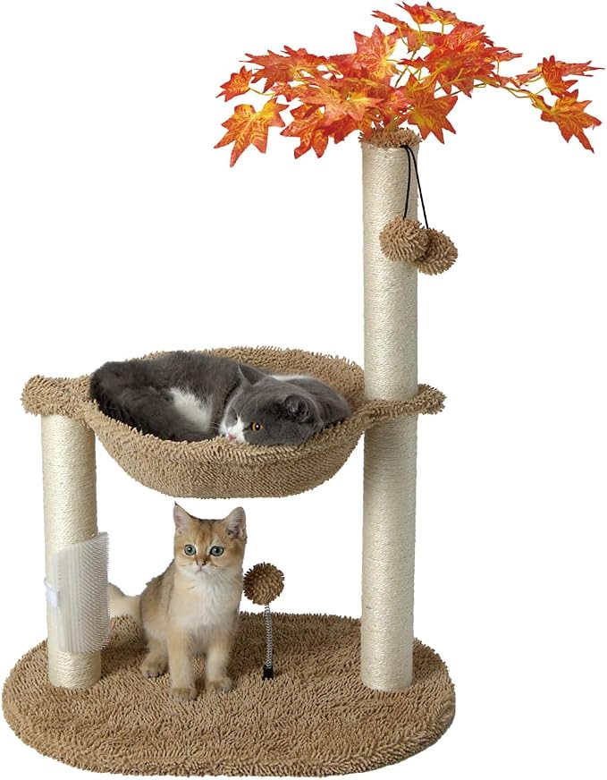 MECOOL Cat Tree Tower 32" Tall Scratching Post with Large Hammcok for Indoor Cats,Self-Massage Bursh Hanging Ball Toys,Maple,Beige