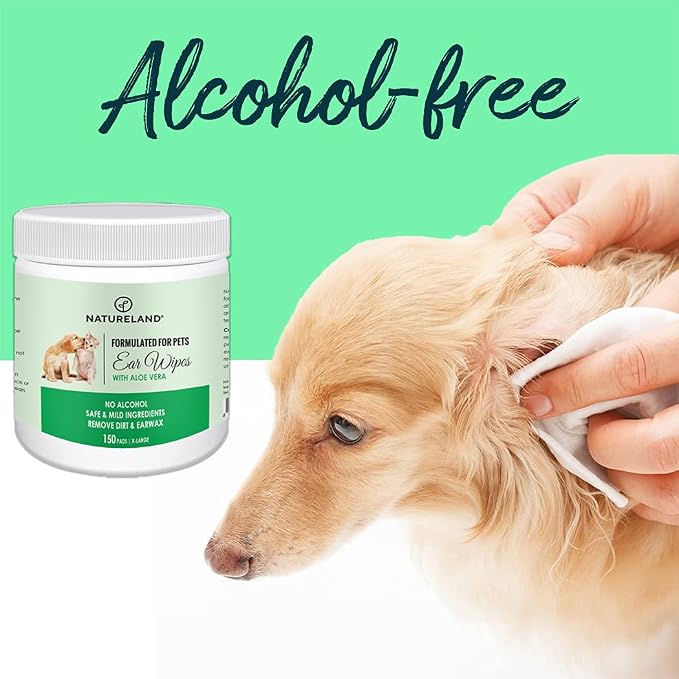 Natureland Dog Ear Wipes, Extra Large Otic Cleaning Pads, 150 Count | Gently removes dirt, wax and debris and helps reduce ear odor in dogs and cats; soft textured pads for weekly grooming