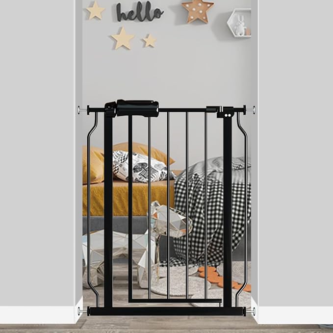 Fairy Baby Narrow Baby Gate for Doorways Stairs, 24-29 inch Wide Pressure Mounted Walk Through Metal Auto Close Safety Child Gates for Kids or Pets, Black