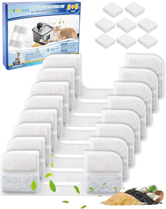 8 + 8 Pack Cat Water Fountain Filter Replacement Compatible with FEELNEEDY Cat Water Fountain FN-W17 3.2L/ 108oz, Cat Fountain Filter, Pet Water Fountain Filters, Filters and Sponges