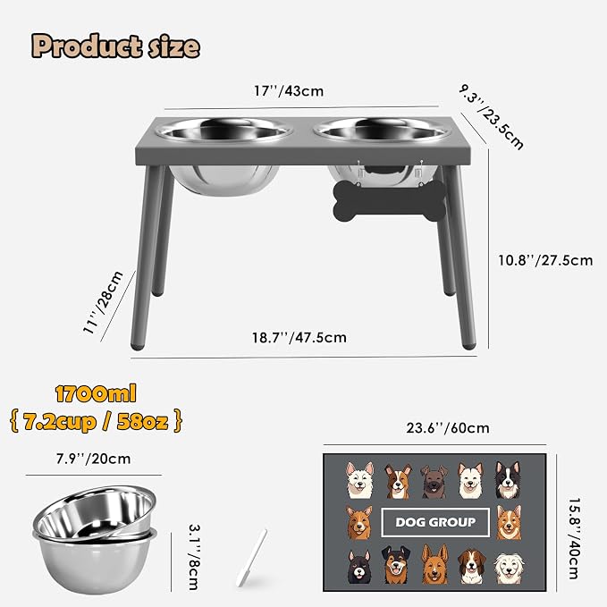 ADENGL Raised Dog Bowl Stand for Large Dogs, 10” Tall Elevated Feeder with Spill-Proof Mat, Stainless Steel 58OZ Bowls for Food & Water, Gray Color (Mat Size: 16x24”)