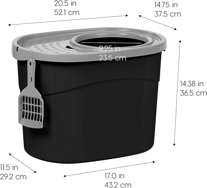 IRIS USA Large Top Entry Cat Litter Box with Lid, Enclosed Covered Cat Litter Box for Indoor Cats, Dog Proof Design, Odor Control, Litter Tracking Reduction, Scoop Included, Black/Gray