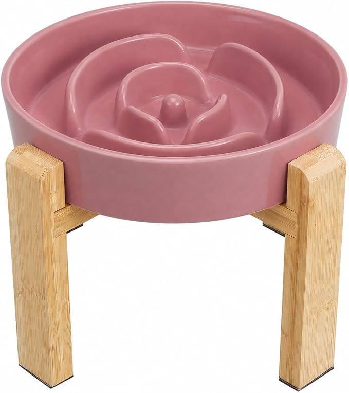 Elevated Slow Feeder Dog Bowl Large Breed, 8.8 Inch Ceramic Slow Eating Bowl with Bamboo Stand, Anti-Choking Raised Maze Design for Medium to Large Dogs, 3.2 Cup, Pink