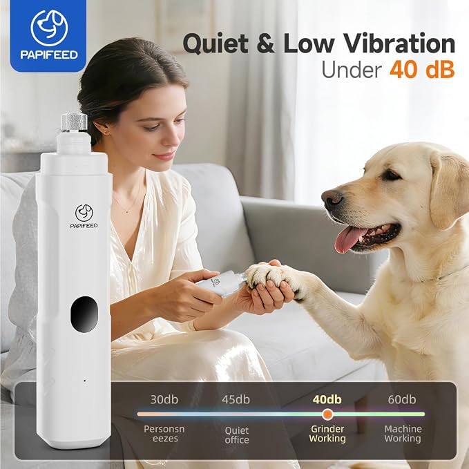PAPIFEED Dog Nail Grinder with LED Light, Ultra Quiet 3-Speed Electric Nail File for Small Medium Large Dogs & Cats, Rechargeable Pet Nail Grinder with Trimmer (White)