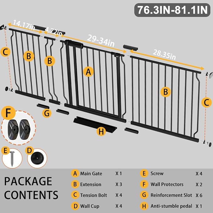 Fairy Baby Extra Wide Baby Gate 76.3-81.1 Inch Wide, Walk Through Pressure Mounted No Drill for Doorways, Long and Large Tension Gate for Pet and Kids