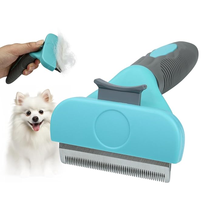 Self Cleaning Pet Shedding Brush for Long Short Haired Dogs & Cats (Small) | One-click hair removal, removes loose fur/tangles/mats, gentle on skin, stainless steel teeth, ergonomic handle