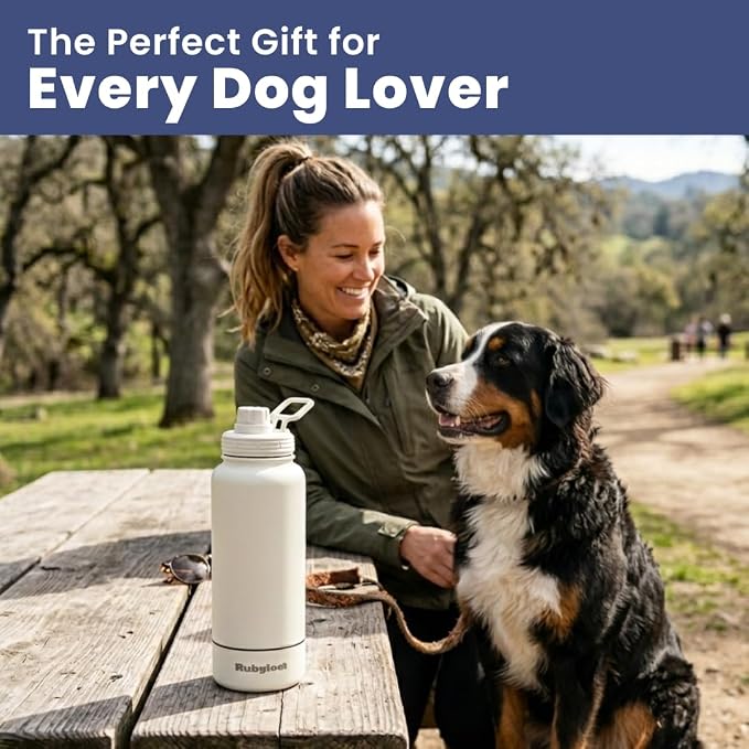 Dog Water Bottle for Dog Lovers - 32 oz Stainless Steel Double Wall Insulated Water Bottle with 8 oz Detachable Bowl on Bottom for Doggy Lovers for Hiking, Walks, Travel - Cream