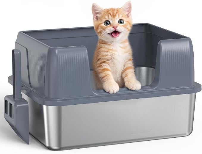 SZEE Small Stainless Steel Cat Litter Box, Kitten Litter Box Low Entry, Open Top Litter Pan Included Litter Scoop, Anti-Scratch Metal Cat Litter Tray Easy to Clean, Pet Toilet, 17x 13x 11 inches