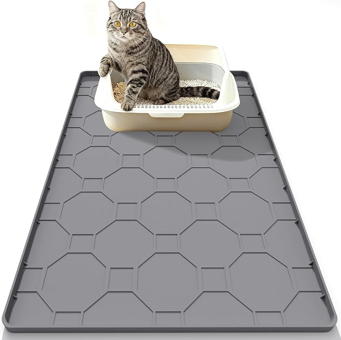 Extra Large Cat Litter Mat, Waterproof Silicone Cat Litter Box Mat, Non-Slip Kitty Litter Trapping Mat for Cat Litter Box, Urine Proof Pet Feeding Mat for Floors, Easy Clean, 38 x 26 Inch