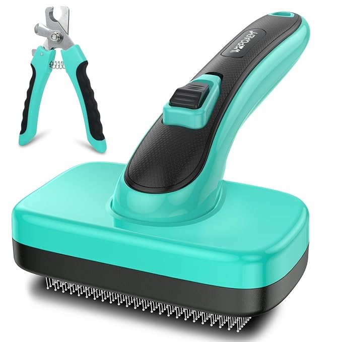 Self Cleaning Slicker Brush & Nail Clippers for Dog and Cats | 2 Pcs, Shedding Long and Short Haired Pets, Skin Friendly, Deshedding Grooming Tool