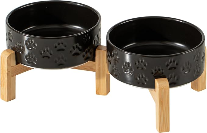 Elevated Ceramic Dog Bowl Set, Anti-Skid Bamboo Stand, Black, 5.1 inch | Food and Water Bowls with Fixed Non-Slip Rubber Ring, Microwave Safe, Easy to Clean, 1.6 Cup per Bowl, for Small-Breed Puppy
